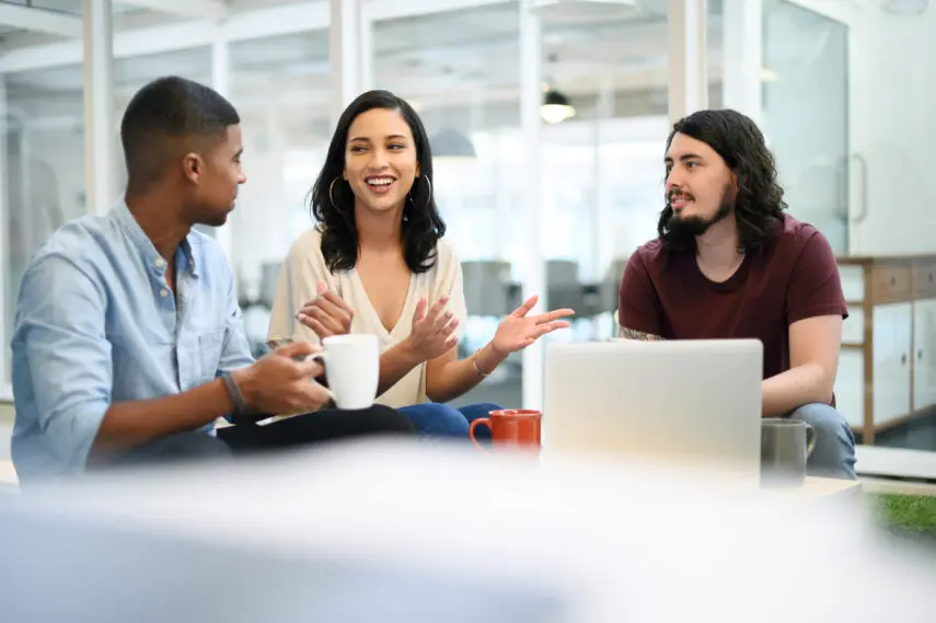 Business people conversation with laptop office communication brainstorming digital collaboration creative team graphic designers online with technology visual project